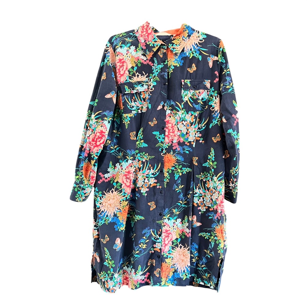 Soft Surroundings Navy Floral Butterfly Button Front Shirt Dress Large L Pocket